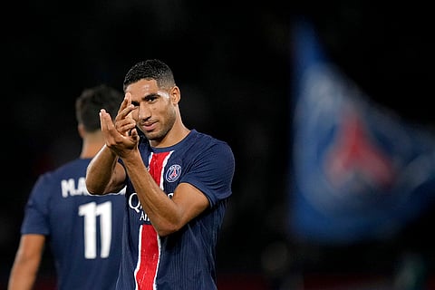 League 1, Paris Saint-Germain vs Montpellier: PSG's Achraf Hakimi celebrates after scoring his side's fourth goal